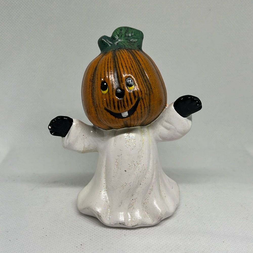Pumpkin head ghost ceramic figurine 3 1/2” tall